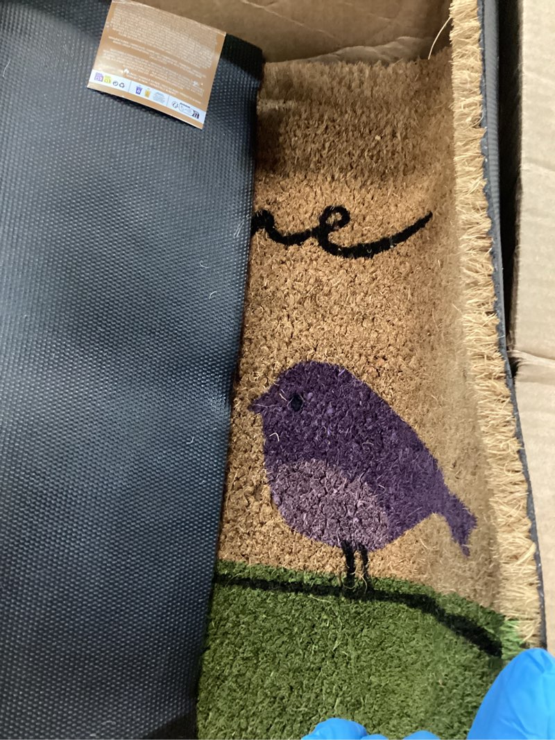 Condition photo showing As Is for colorful birds - 17"x29" - coir door mat with heavy duty backing - welcome mats for entryway, porch - anti-slip pvc & coconut fiber surface - natural home accessories, minimalist original design colorful birds 17x29