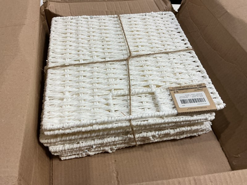Condition photo showing Good Condition for storageworks 13 inch wicker storage baskets, foldable handwoven wicker basket for organizing, paper rope square storage cubes, white, 2 pack white 13"l x 13"w x 13"h