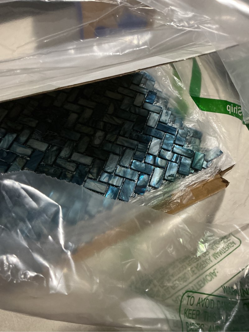 Condition photo showing As Is for MOP Mother of Pearl Shell Mosaic Herringbone Backsplash Tile, are Used for Kitchen Backsplashes and Bathroom Wall Tiles, Dark Blue 10 Sheets Pearl Tile Dark Blue 10 Sheet(Herringbone)