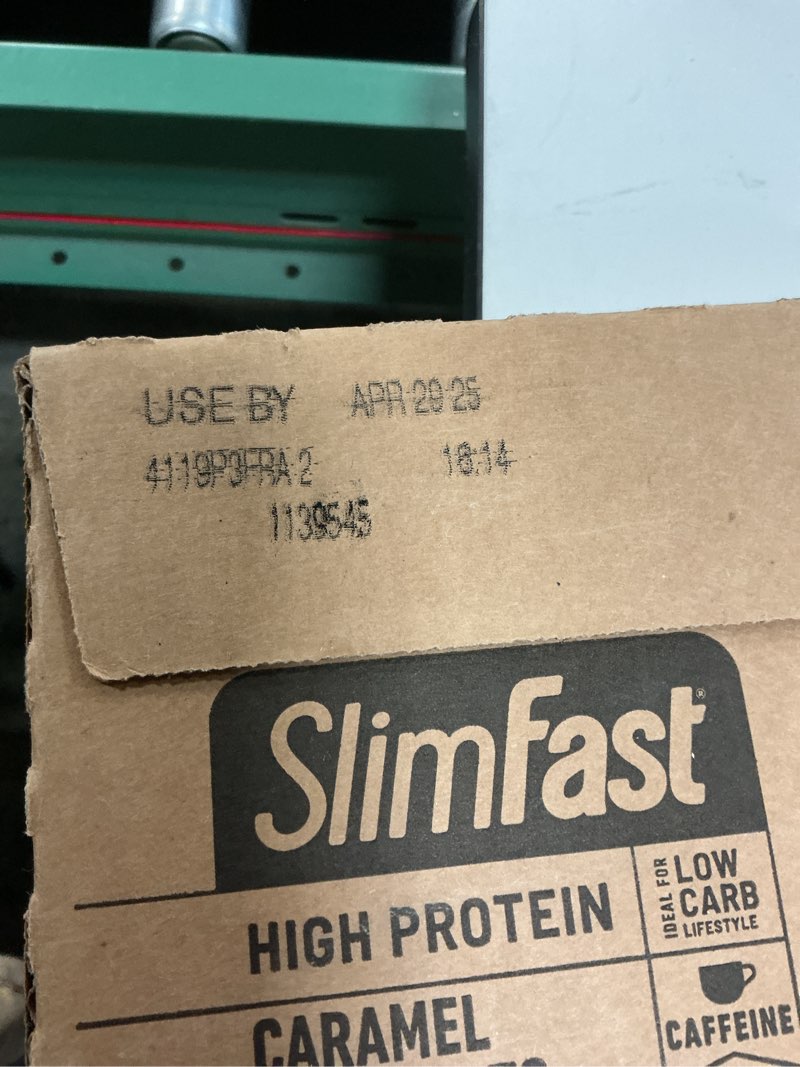 Condition photo showing New/Like New for Use by -Apr/20/2025) SlimFast Protein Shake  Caramel Macchiato- 20g Protein  Meal Replacement Shakes Ready to Drink Plus Caffeine  High Protein with Low Carb and Low Sugar  24 Vitamins and Minerals  12 Count (Pack of 1)