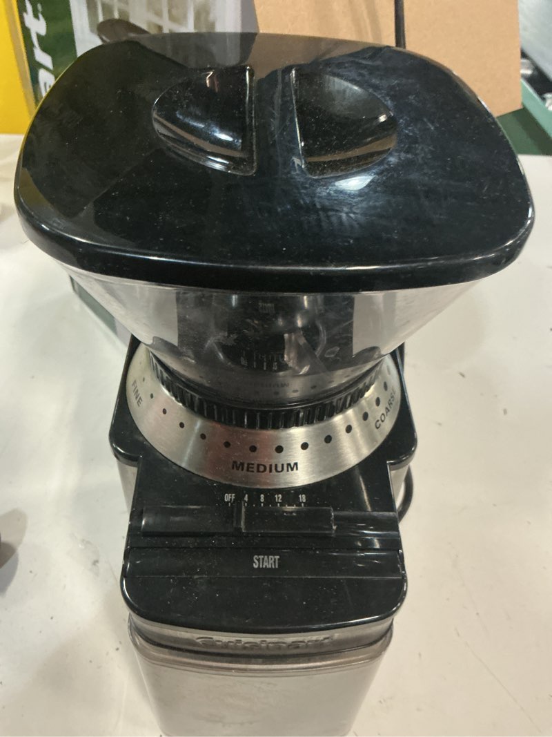 Condition photo showing As Is for cuisinart coffee grinder, electric one-touch automatic burr coffee grinder with 18-position grind selector, cup size selector for 4 – 18 cups, dbm-8p1, black stainless burr mill stainless steel