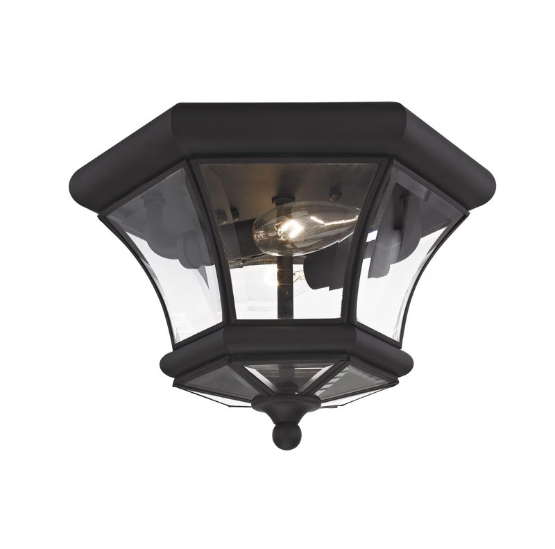 Livex Lighting 7052-04 Monterey 2 Light Outdoor/Indoor Black Finish Solid Brass Flush Mount with Clear Beveled Glass