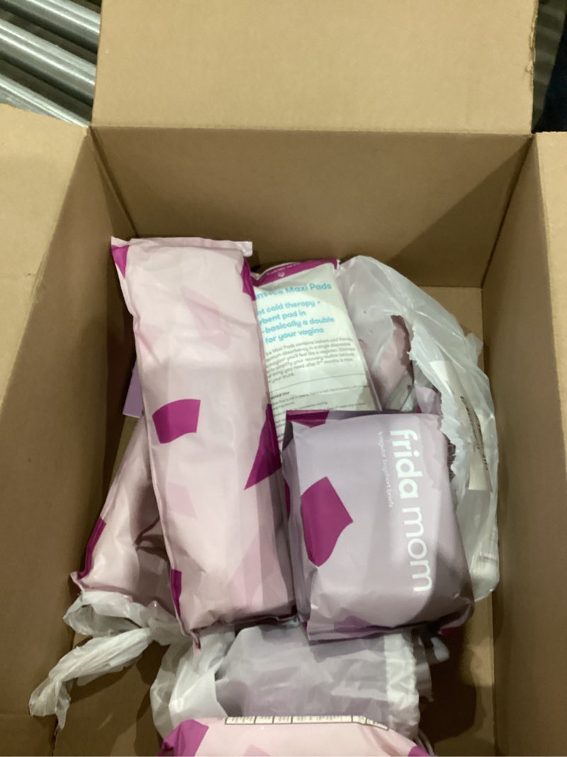 Condition photo showing As Is for frida mom 11pc postpartum essentials kit gift set, hospital bag must haves for new mom, includes 4 disposable postpartum underwear, 4 ice maxi pads, perineal healing foam & 24 pad liners & peri bottle postpartum kit