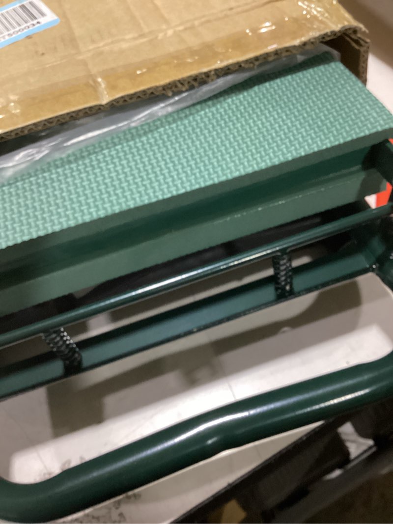 Condition photo showing As Is for tomcare garden kneeler and seat 10.64” wider larger soft kneeling pad garden bench with 2 large tool pouches heavy duty garden stool foldable tools gardening gifts for women men gardeners green 10.64" extra-wide kneeling pad
