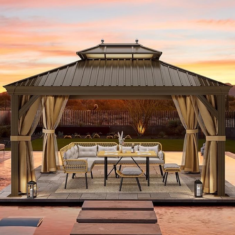 YITAHOME Gazebo 12x14ft Hardtop Heavy Duty Double Roof Outdoor Upgraded Galvanized w/Nettings Curtains Steel Combined of Horizontal Vertical Stripes Roof for Patio, Backyard, Deck, Lawn (Bronze) ( incomplete box 1 of 2 ) 
