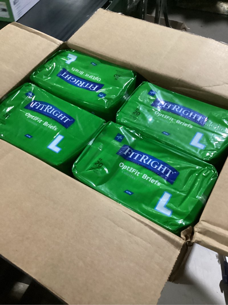 Condition photo showing New/Like New for FitRight Ultra Adult Diapers, Disposable Incontinence Briefs with Tabs, Heavy Absorbency, Large, 44"-56", 4 packs of 20 (80 total)