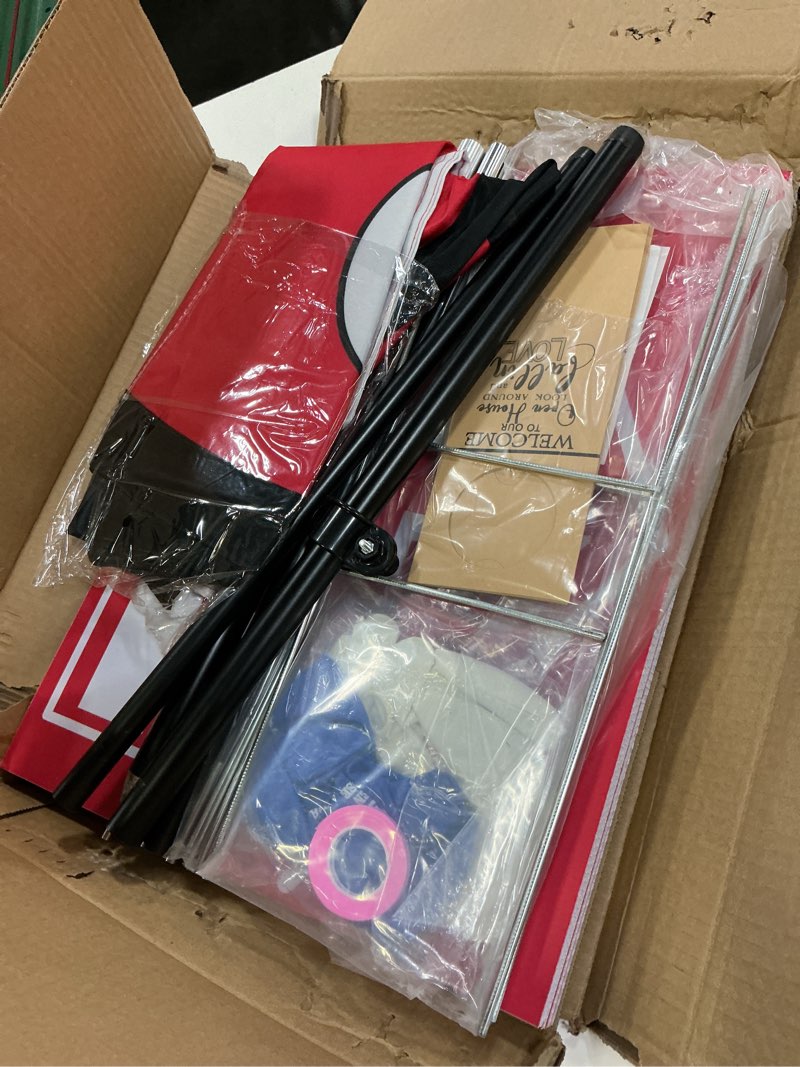 Condition photo showing Good Condition for 44 pcs open house signs for real estate agent supplies, double sided open house flag with poles kit, 7.6 x 5.4 ft red opening sign banner set, 5 pack yard signs with metal stakes 30 balloons red open house sign set(44pcs)