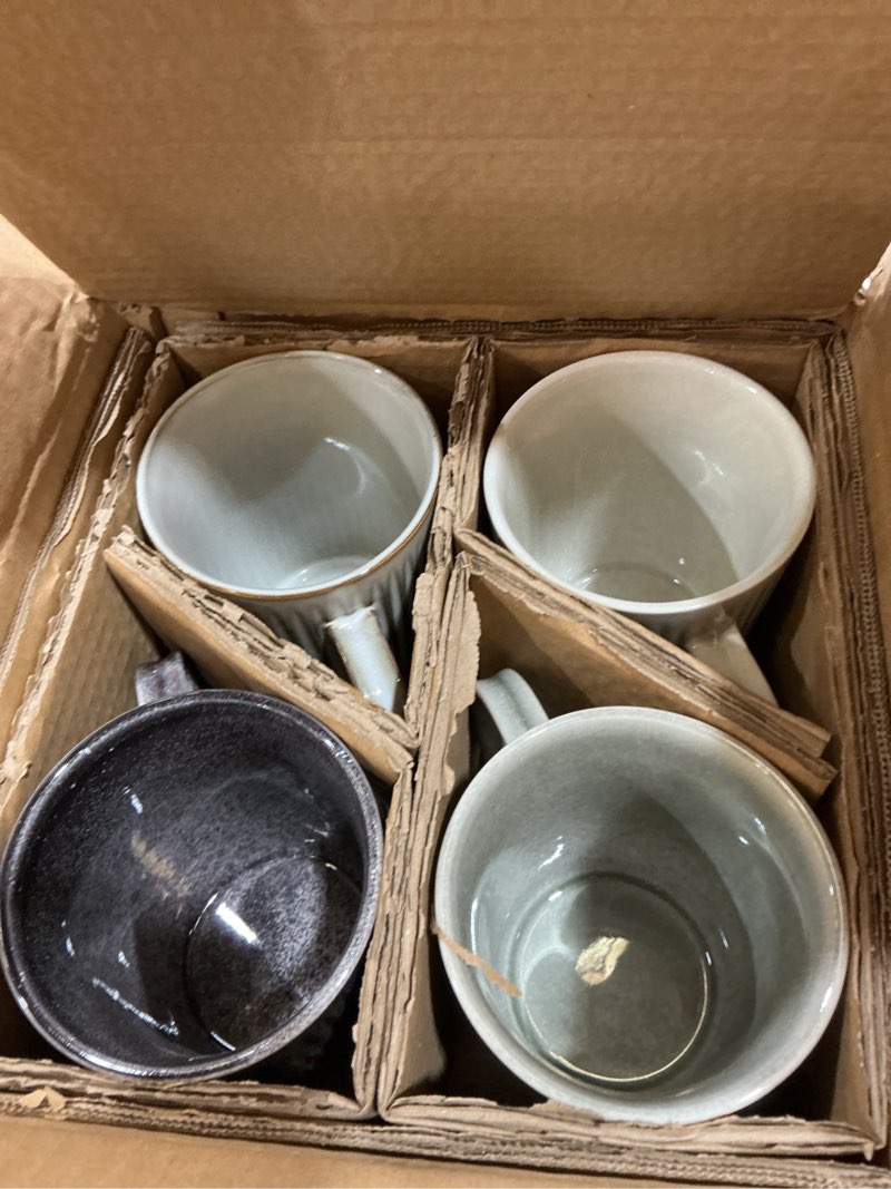 Condition photo showing New/Like New for coffee mugs set of 4 modern striped stoneware coffee cups with handle, large ceramic gift set for women and men, dishwasher and microwave safe, 18oz for hot coffee, tea, cocoa, milk