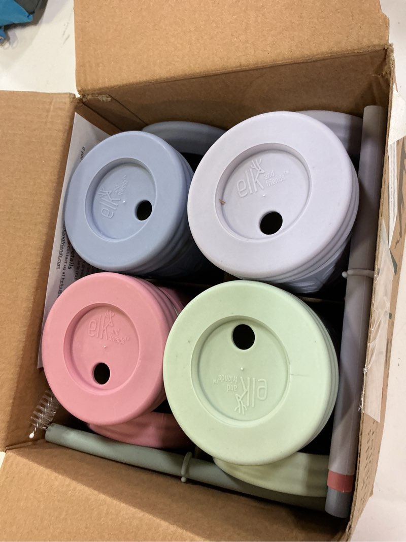 Condition photo showing Good Condition for elk and friends 10oz stainless steel kids + toddler drinking cups | the original mason jar with sleeves + lids | silicone straws | smoothies | storage jar | spill resistant | dishwasher safe | 4 pack sage/blush/misty blue/lilac 10oz