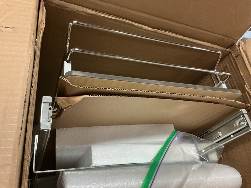 Condition photo showing As Is for 4 pack expandable (15.1"-26.3") pull out cabinet organizer 21" deep with raising pad for framed cabinets,upgrade 3 slide rails slide out drawers,no drill roll out shelves adhesive,white white 21"d x 15.1"-26.3"w(4pack)