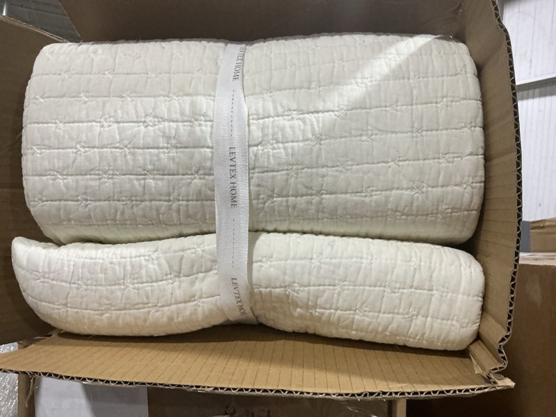 Condition photo showing item condition for Levtex Home Cross Stitch Reversible King Bedspread Set (120x104in) with 2 Pillow Shams (36x20in) - Stitch Texture - Cream - Cotton King Size Bedspread Set - Soft, Pre-Washed Bedspread - King Cream