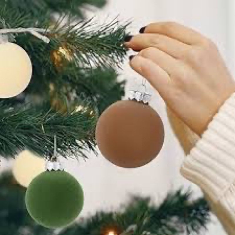 Waipfaru 9 Pcs Velvet Christmas Ornaments, Brown Green Neutral, Mixed Sizes (3.9, 3.1, 2.8 Inches), Flocked Texture, Christmas Tree Decor