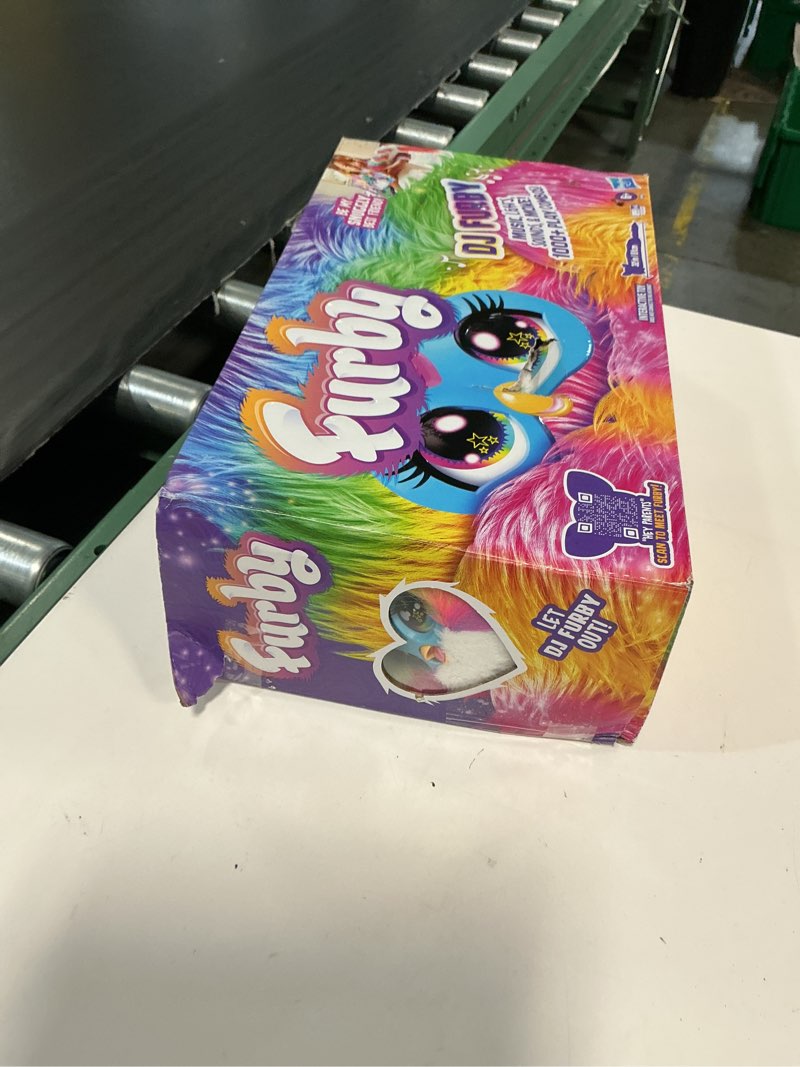 Condition photo showing New/Like New for furby dj interactive toy, super snuggly rainbow electronic plush with music, lights, motion, & games, speaks english & furbish, 32in long, ages 6+