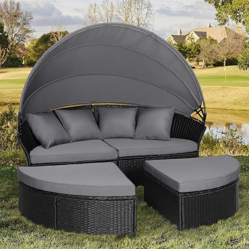 Outdoor Patio Furniture Canopy Daybed Round Sofas, 4 Pieces Seating Separates Cushioned Seats, Black Wicker, Lawn Poolside Garden, Grey(incomplete cushions only)