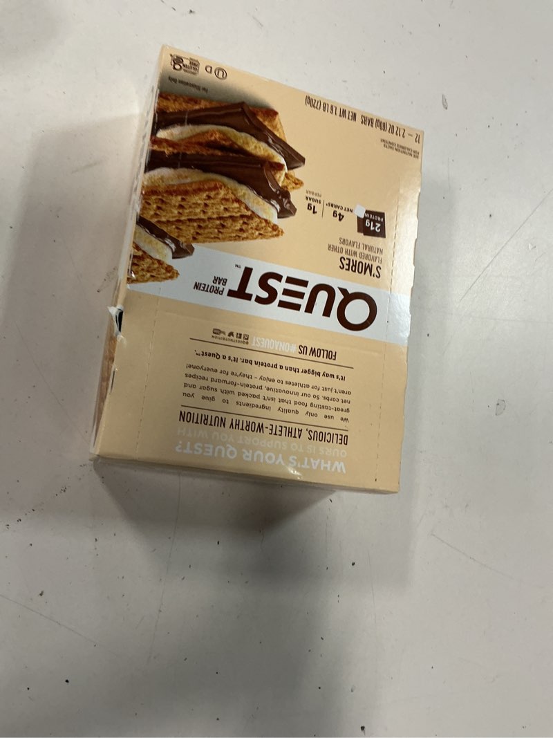 Condition photo showing New/Like New for  (BBD:06/24/25 ) Quest Nutrition S'Mores Protein Bars, 21g Protein, 1g Sugar, 4g Net Carb, Gluten Free, Keto Friendly, 12 Count S'mores 12 Count