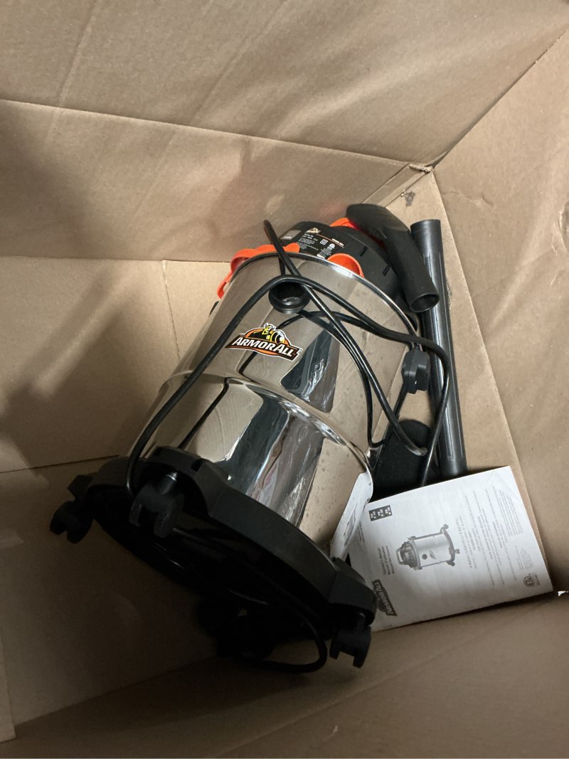Condition photo showing As Is for armor all vo408s 0901 4 gallon 3 peak hp stainless steel wet/dry vacuum, orange