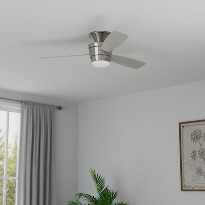 Harbor Breeze Mazon 44-in Brushed Nickel with Brushed Nickel/Black Blades LED Flush Mount Ceiling Fan With Light and Remote Control Included 3 -Blade Item #807421