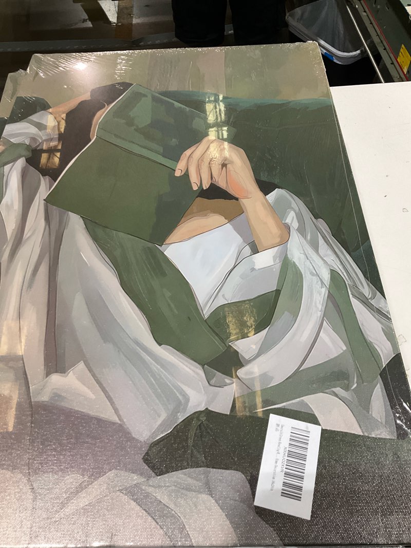 Emerald Green Reading Woman Canvas Wall Art Abstract Cozy People Wall Decor Pictures Minimalist Gree