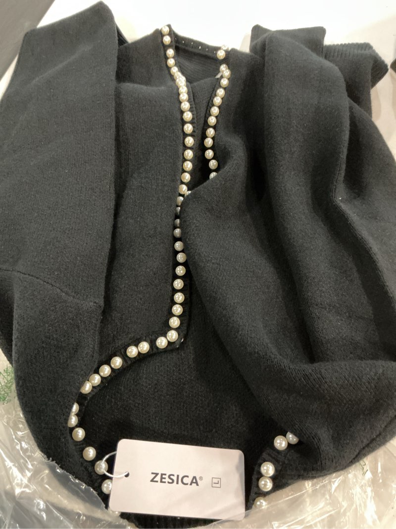 Condition photo showing Good Condition for (size:l)zesica women's open front cardigan sweater 2026 spring casual knitted long sleeve pearls trim outerwear coat trendy clothes large black