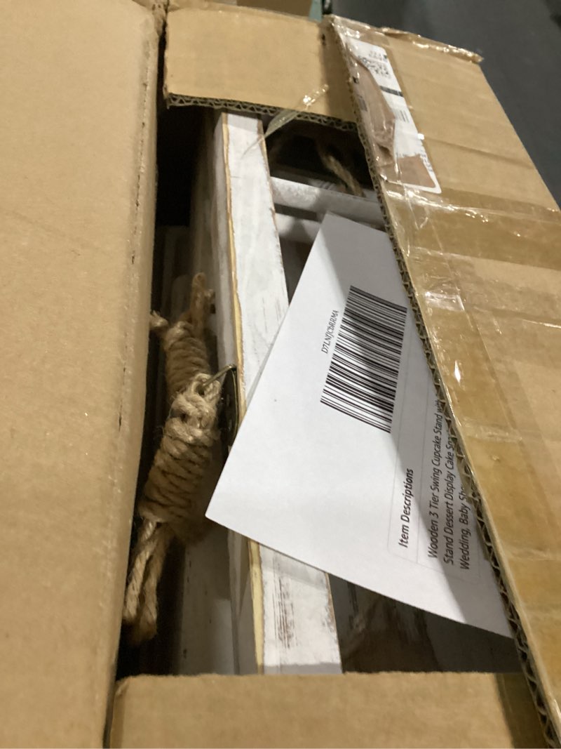 Condition photo showing As Is for Wooden 3 Tier Swing Cupcake Stand with Serving Platter 20x30 Foldable Ladder Stand Dessert Display Cake Snack Fruit Bread Centerpieces for Party, Birthday, Wedding, Baby Shower(Rustic White)