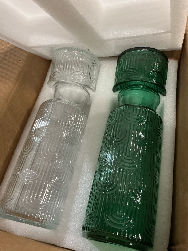 Condition photo showing New/Like New for 4-piece set bedside water carafe and glass, 21.6 oz glass pitcher with 6 oz drinking cup lid, multi-functional mouthwash dispenser for bathroom counter, nightstand or kitchen, water bottle set 2 sets clear&green