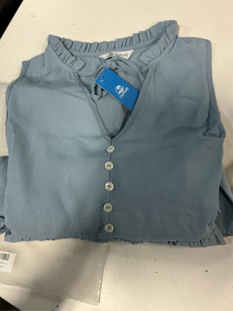 Condition photo showing Good Condition for cupshe women's summer dresses v neck sleeveless button tie front babydoll ruffle tiered mini dress