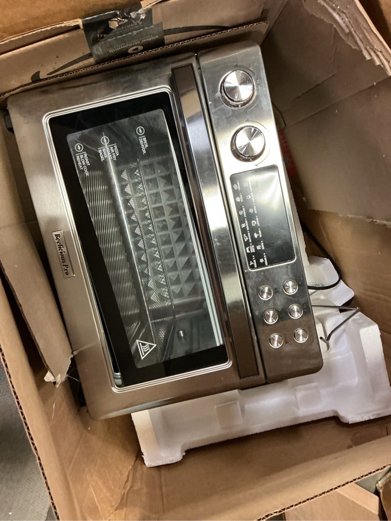 Condition photo showing As Is for 28QT Air Fryer Toaster Oven Combo, Large 12-in-1 Convection Countertop Oven with 3-Layer Cooking, Rotisserie for Chicken, 6 Heating Tubes, Fast Preheat, Fit 11" Pizza, All Accessories, Stainless Steel