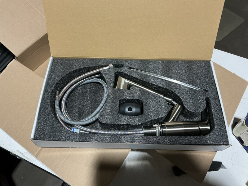 Condition photo showing New/Like New for Kitchen Sink Faucet with Pull Down Sprayer, Low Arc Stainless Steel 1 or 3 Hole, Single Handle Brushed Nickel Pull Out Kitchen Faucet, Suitable for Farmhouse Camper Laundry Rv Bar