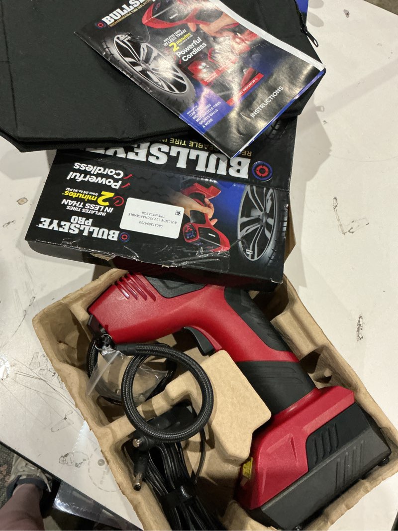 Condition photo showing As Is for bullseye pro tire inflator 150 psi electric air compressor portable air pump car bike led 12v dc red