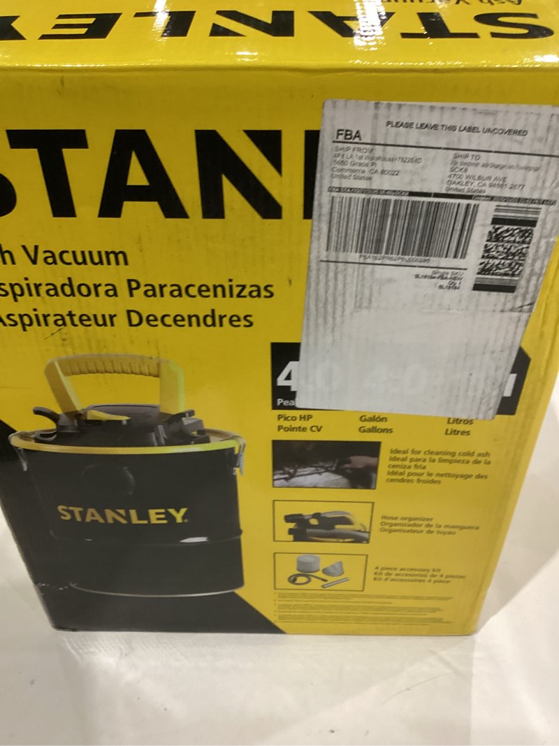 Condition photo showing As Is for STANLEY Ash Vacuum Cleaner, Portable 4 Gallon Capacity Ash Vac Canister, Powerful 4 Peak HP Horsepower Motor, Ideal for Pellet Stoves, BBQ Grills, Wood Stoves, Fireplaces, Fire Pits, SL-18184