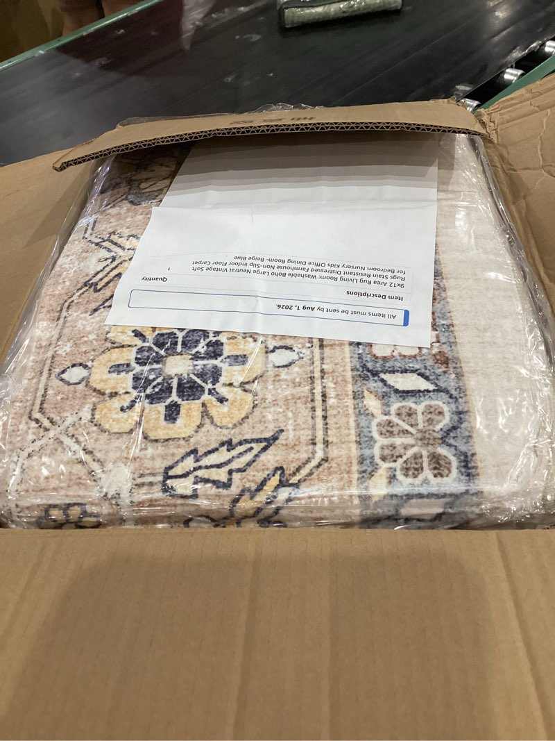 Condition photo showing New/Like New for 9x12 area rug living room: washable boho large neutral vintage soft rugs stain resistant distressed farmhouse non-slip indoor floor carpet for bedroom nursery kids office dining room- beige blue beige blue 9' x 12' (rectangular)