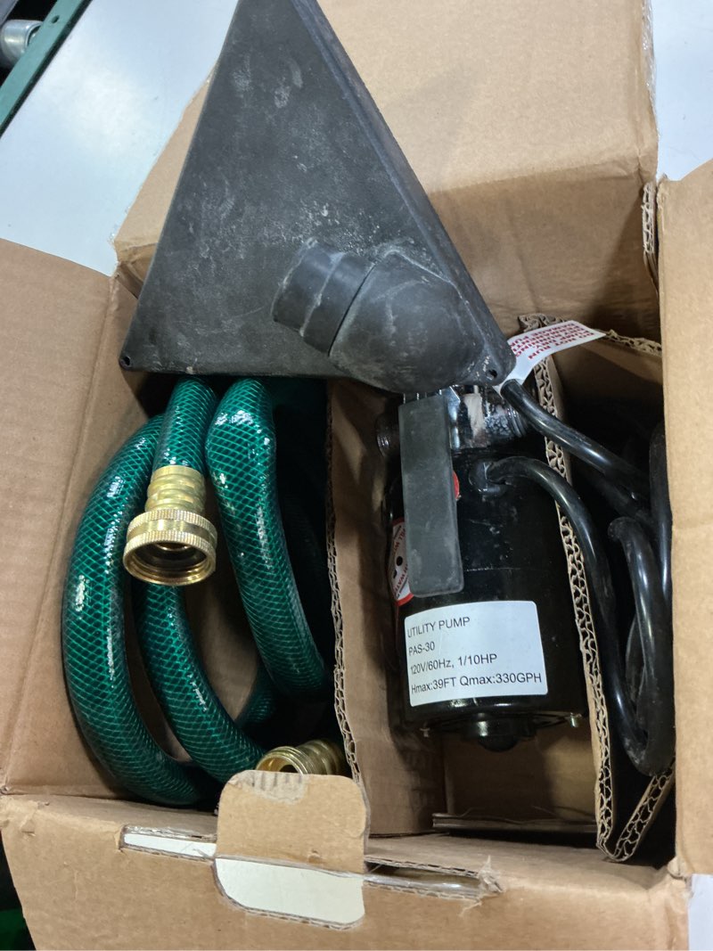 Condition photo showing As Is for water transfer utility pump, 120v 330 gallon per hour, with 6' hose, water suction strainer and impeller kit, for aquariums, home, clogged sinks, garden, pool and more