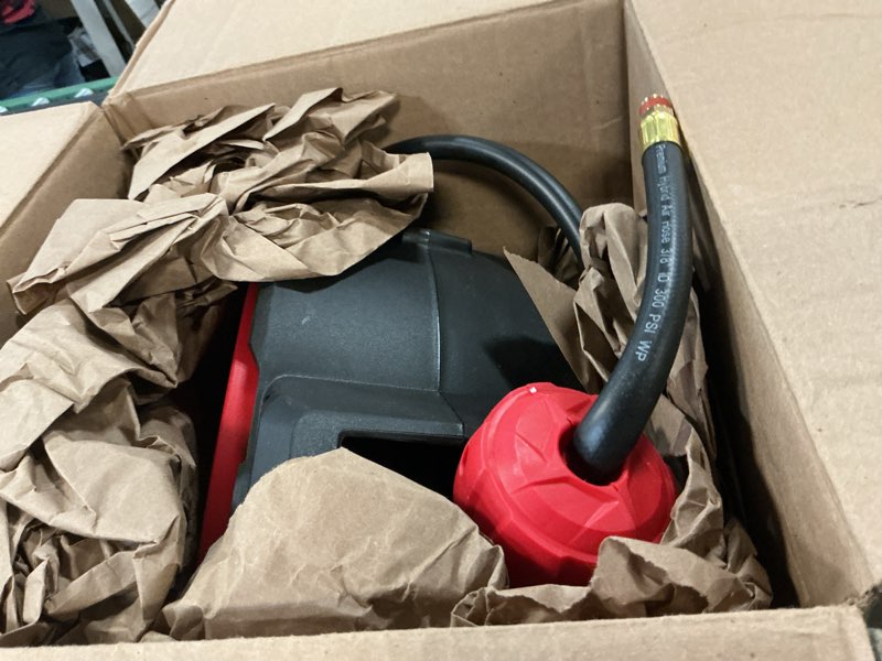 Condition photo showing As Is for bilitools retractable air hose reel, 3/8" x 50 ft hybrid air hose max 300psi, enclosed air compressor hose reel with smooth auto rewind & 5 ft lead-in hose, 180° swivel wall/ceiling mount 3/8 in x 50 ft black+red