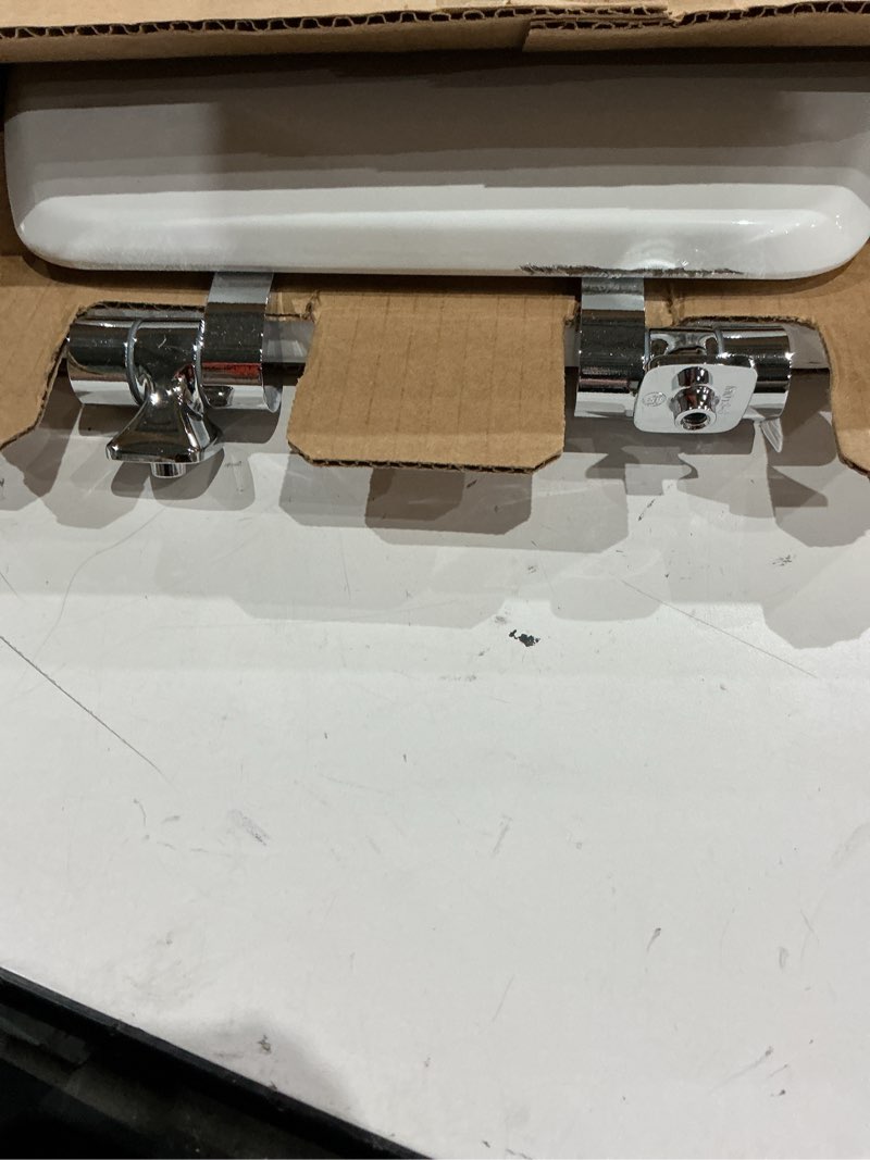 Condition photo showing As Is for mayfair bennett toilet seat with chrome hinges, slow close wood seat, secure metal hinges, easy install, made in usa, round, white round chrome