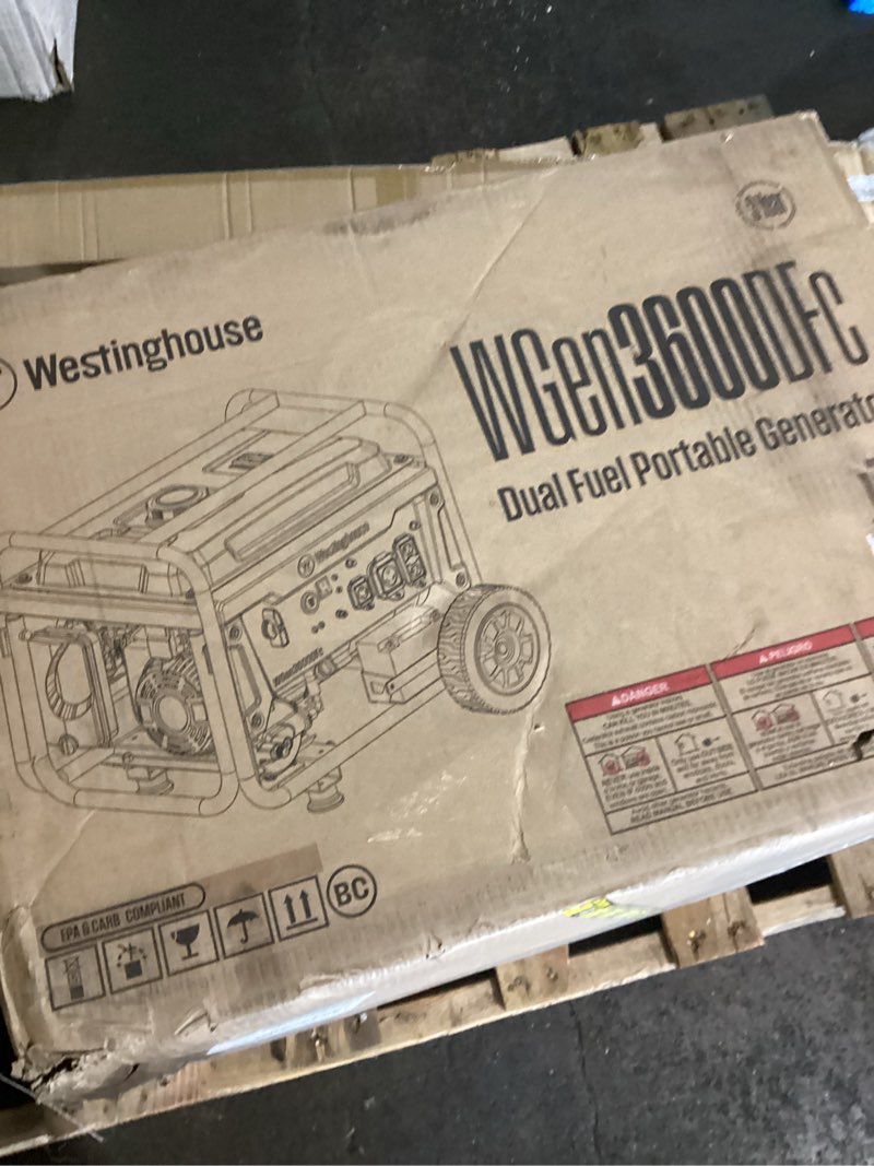 Condition photo showing As Is for wen 5,600-watt dual fuel portable generator with wheel kit, electric start, and co watchdog (df5600x) 5600w, dual fuel, electric start