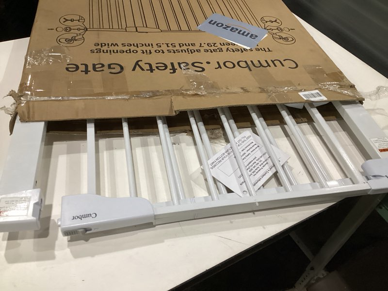 Condition photo showing As Is for Cumbor 29.7\"–51.5\" Extra Wide Baby Gate for Stairs, Pressure-Mounted Dog Gates for Doorways & Hallways, Auto-Close Walk-Through, No-Trip Design, Child Proof Safety, Dog/Pet Gate for Indoor Use, White White 29.7-51.5\"W x 30.5\"H, USED