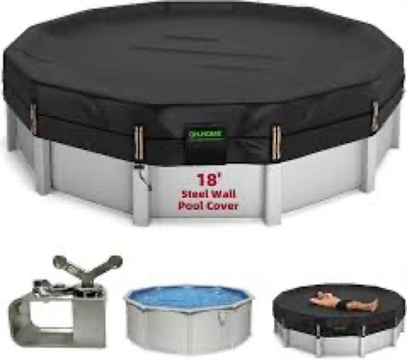 qh.home 550d 14 ft pool cover round[upgraded tear resistant & quadruple windproof] wth pre-installed patented winch and rope, pool covers for above ground pools-snug fit & waterproof protection