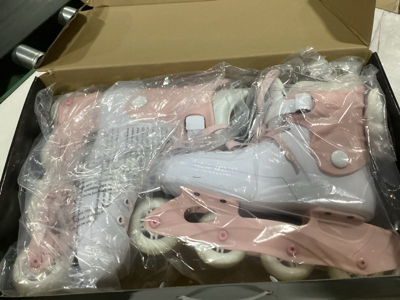 Condition photo showing New/Like New for inline skates for women girls - adult inline skates for outdoor and indoor, with durable outer shell and ankle support, abec-7 bearings, solid and comfortable pink / white us women 8