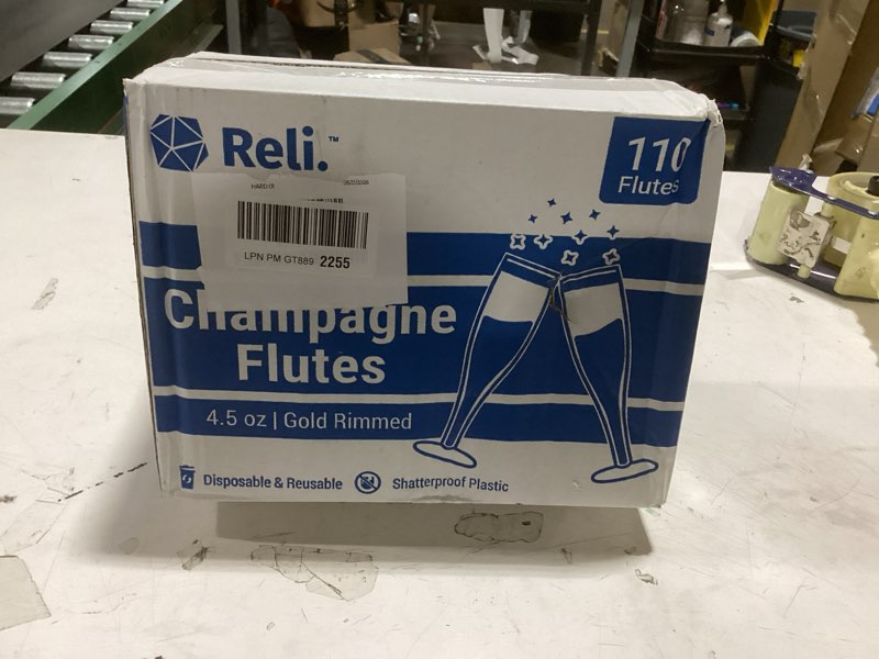 Condition photo showing New/Like New for reli. champagne flutes plastic | 110 pack | 4.5 oz - gold rim clear | premium plastic champagne flutes | party-perfect for celebrations