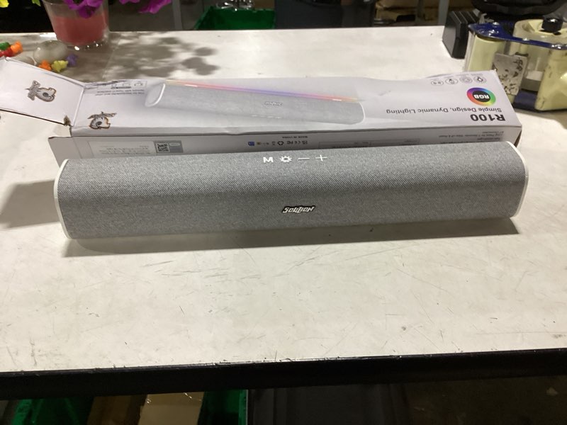 Condition photo showing As Is for soulion r100 bluetooth computer speakers with dynamic led light, usb plug & play pc speakers with switch button, clearly sound soundbar for desktop laptop monitor white (usb-c to usb adapter included)