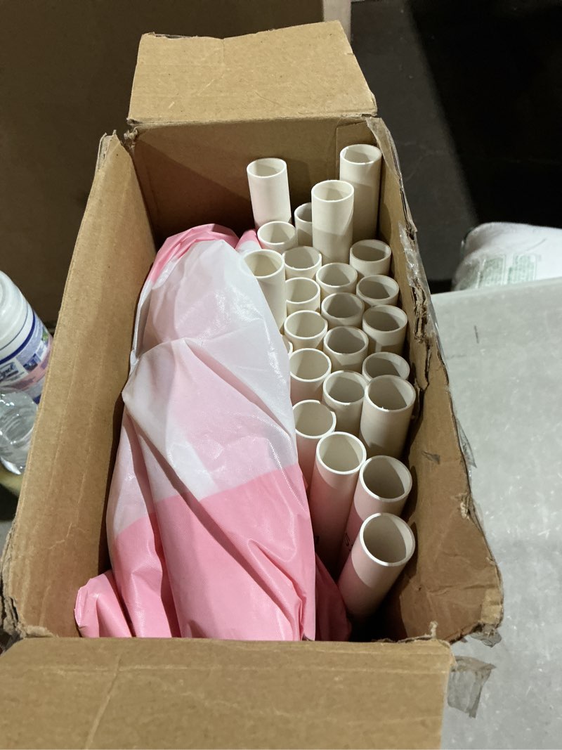 Condition photo showing As Is for colingmill carnival tablet tent kit circus party decoration include tabletop hut, tent canopy, stripe table skirts, tablecloth for carnival party supplies decorations(pink and white)