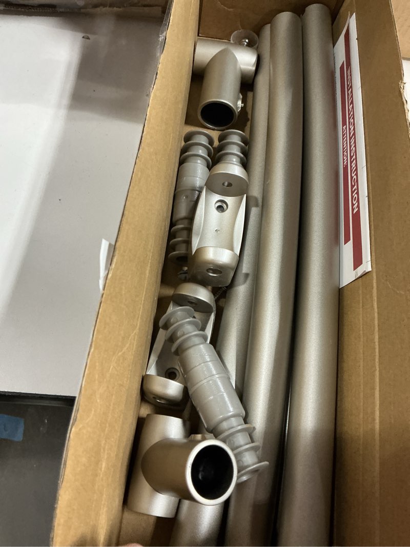 Condition photo showing As Is for Brushed Nickel Curved Shower Curtain Rod 33-78 Inches Adjustable Splicing Design Curved Shower Rods Round Shower Curtain Rod Rust Proof Stainless Steel Curved Shower Rods For Bathroom Need to Drill Brushed Nickel 35-76"