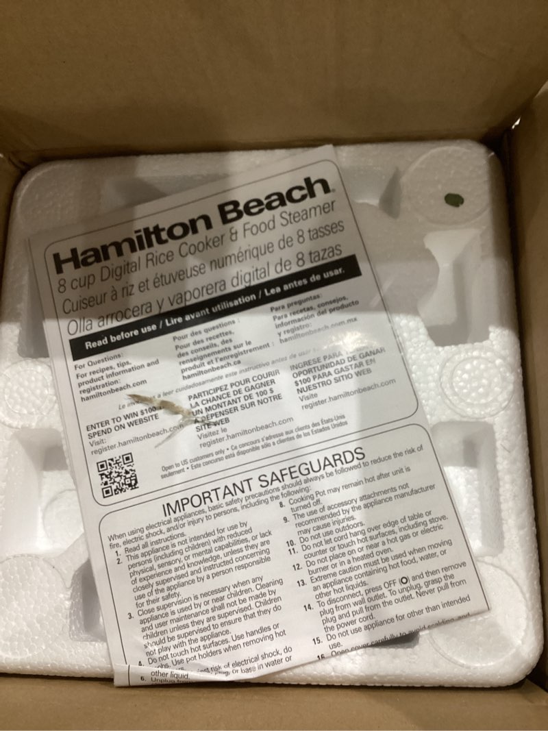 Condition photo showing New/Like New for hamilton beach digital programmable rice cooker & food steamer, 8 cups cooked (4 uncooked), with steam & rinse basket, stainless steel (37518) stainless steel 8 cups cooked (4 uncooked)