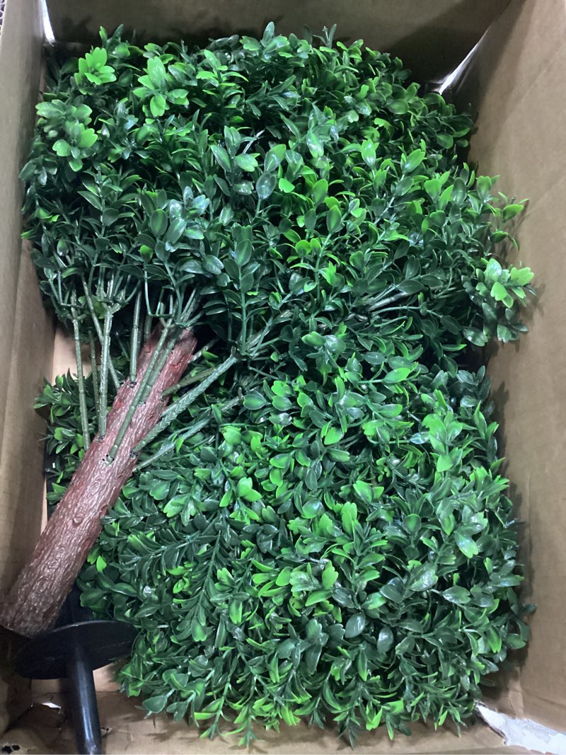 Condition photo showing Good Condition for 27.5" Artificial Olive Boxwood Topiary Ball Tree, Set of 2 Fake Bushes Shrubs with Ground Spike, UV Resistant Faux Evergreen Boxwood Plants for Outdoor Indoor Planters Front Porch Garden Decor Brown-olive