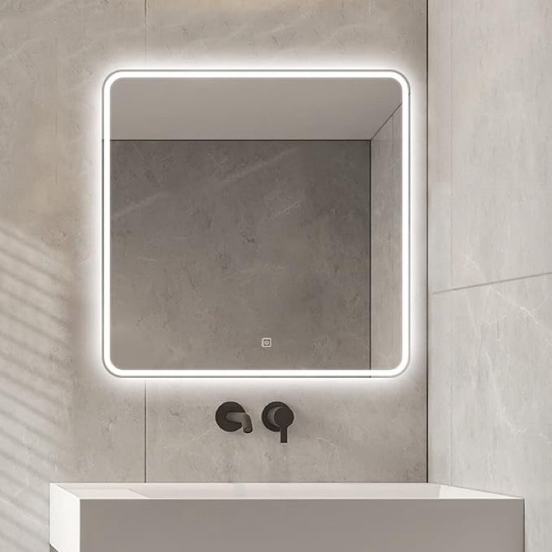 Square Bathroom Mirror with LED Light, 3-Colour Infinitely Dimmable, Frameless Illuminated Backlit Wall Mirrors,Decorative Mirrors, Vanity Mirror, Sensor Touch, HD, Explosion-Proof (Size : 80cm)