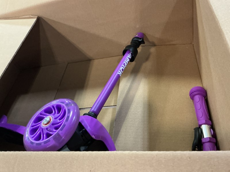 Condition photo showing As Is for purple mini 3 wheel scooter for kids – lean-to-steer with led light-up wheels, adjustable handlebar, wide anti-slip deck, smooth pu wheels, rear foot brake – toddler scooter for ages 2+