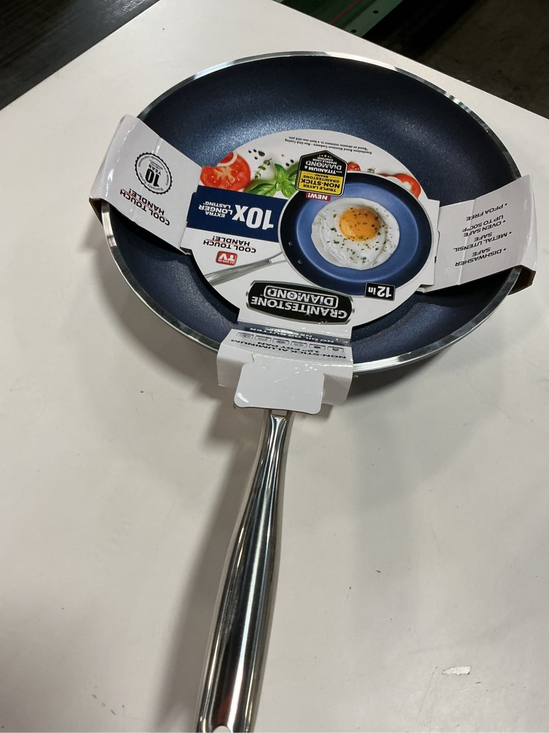 Condition photo showing Good Condition for Granitestone Blue 12 Inch XL Non Stick Frying Pan Skillet with Mineral and Diamond Triple Coated Surface for Long Lasting Nonstick Frying Pan for Cooking, Metal Utensil/Oven/Dishwasher Safe 12" Fry Pan