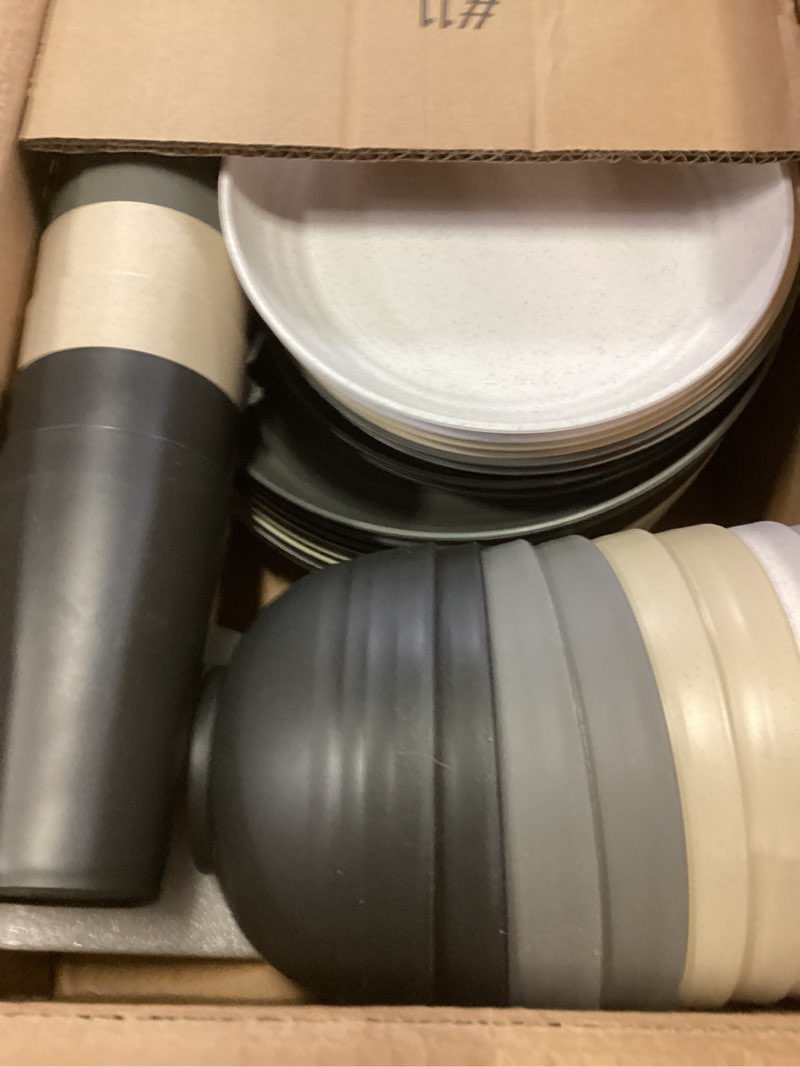 Condition photo showing Good Condition for teivio 32-piece kitchen plastic wheat straw dinnerware set, service for 8, dinner plates, dessert plate, cereal bowls, cups, unbreakable colorful plastic outdoor camping dishes, stone