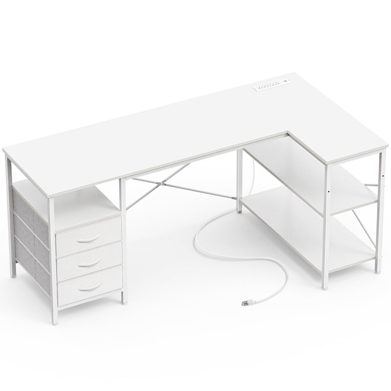Huuger L Shaped Office Desk with Power Outlets, 55 Inch Computer Desk with 3 Drawers, Shelves, Rever