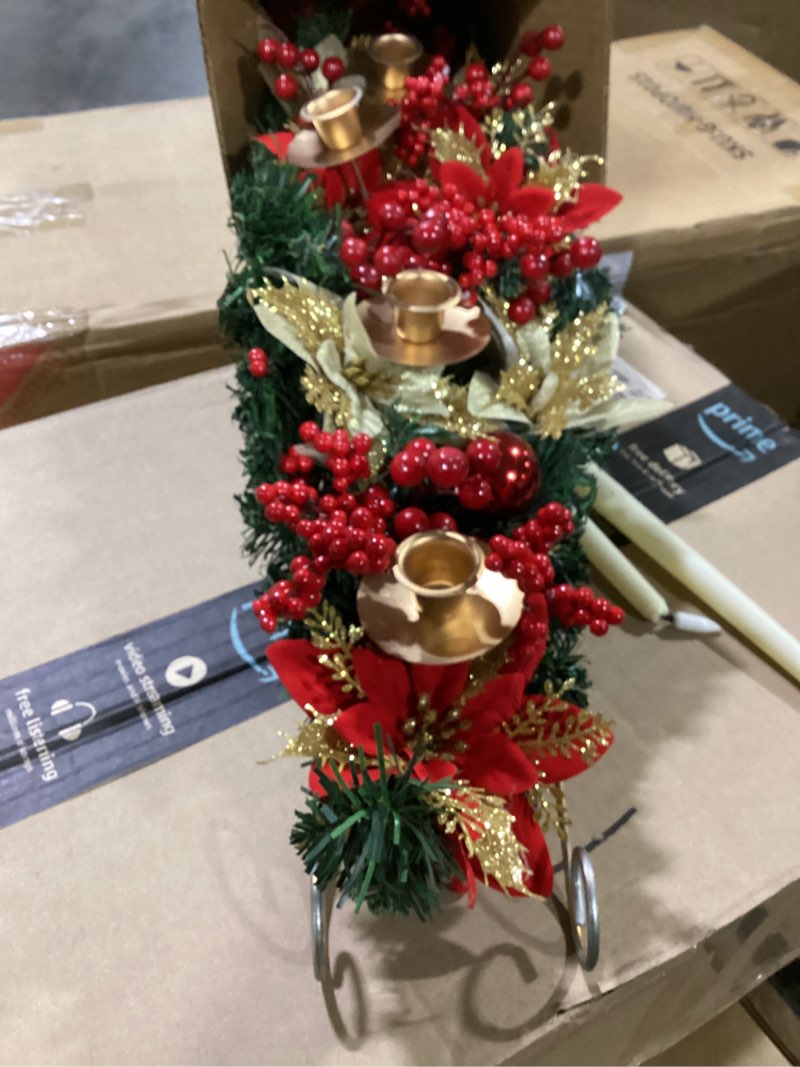 Condition photo showing As Is for (similar too) national tree company 30 in unlit frosted berry artificial christmas centerpiece, christmas decoration for 3 pillar style candles, with red berries, pinecones, 58 tips, green candleholder sets